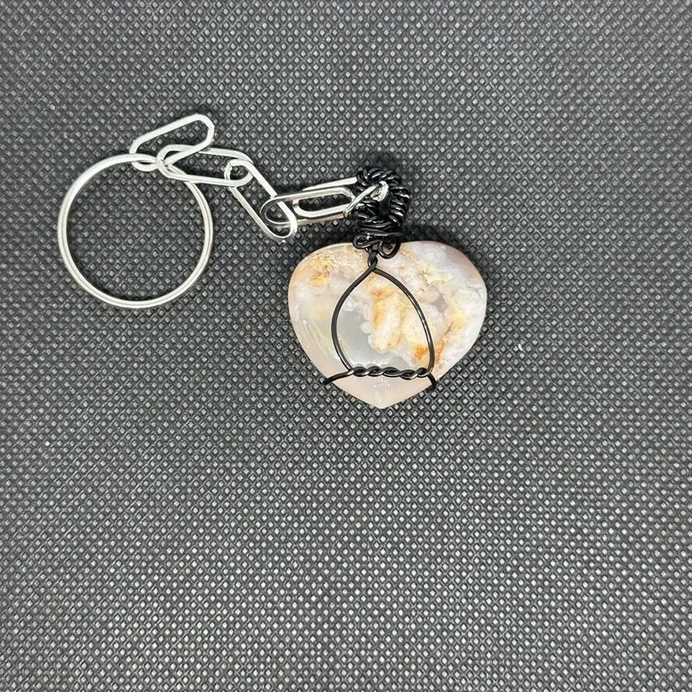 Flower Agate keychain wire wrapping distressed black wire handmade